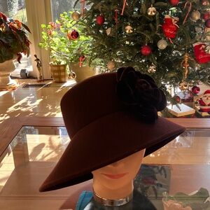 Elegant Brown Wool Hat with Brown Velvet Flower Accent